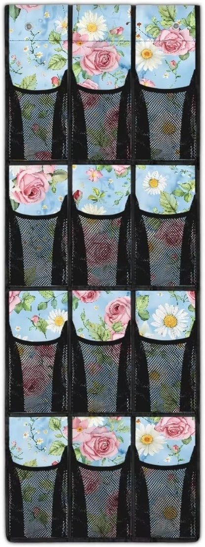 Rose Daisy Over the Door Shoe Organizer 12 Large Mesh Pockets Foldable Shoe Rack for Door Hanging Shoe Organizer Shoe Holder