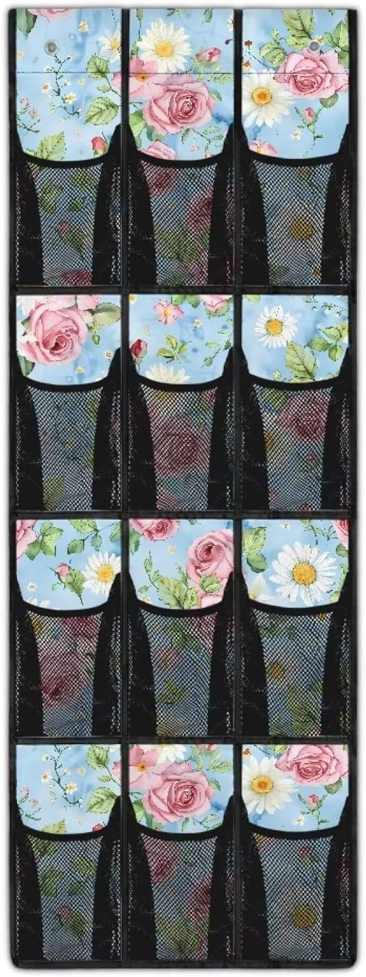 Rose Daisy Over the Door Shoe Organizer 12 Large Mesh Pockets Foldable Shoe Rack for Door Hanging Shoe Organizer Shoe Holder