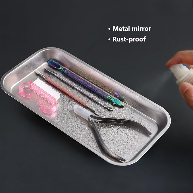 1Pcs Metal Manicure Tools Storage Tray, Rectangular Stainless Steel Storage Dish Nail Art Accessory Display Trays, Jewelry Rhinestone Organizer Plate, Makeup Cosmetic Storages Plate - Silver