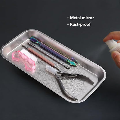 1Pcs Metal Manicure Tools Storage Tray, Rectangular Stainless Steel Storage Dish Nail Art Accessory Display Trays, Jewelry Rhinestone Organizer Plate, Makeup Cosmetic Storages Plate - Silver