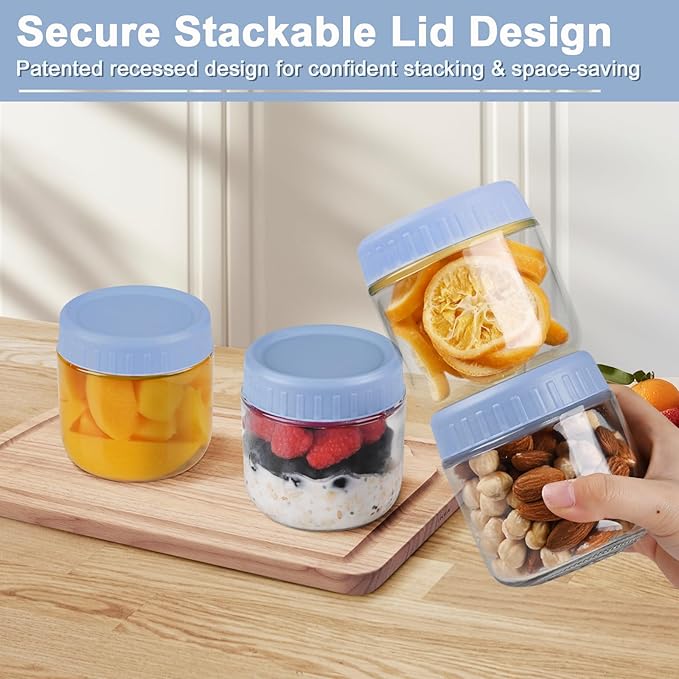 Overnight Oats Containers with Lids, 10oz Wide Mouth Mason Jars with Lids, 3 Pack Glass Jars with Airtight lid for Chia Pudding Yogurt Salad, Meal Prer Oatmeal Jars, Blue