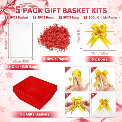 5 Pack Baskets For Gifts Empty, 10x12” Red Gift Basket Kit with Clear Bags Gold Bows 200g Crinkle Cut Paper Empty Gift Baskets to Fill Large Gift Baskets for Christmas, Birthdays, Holidays, Weddings