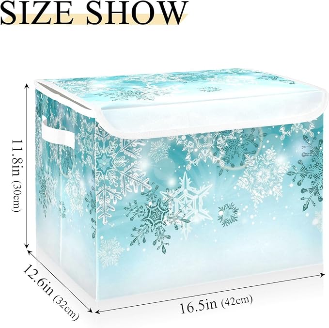 Senya Collapsible Storage Bins with Lids, Silver Winter Teal Turquoise Snowflakes Christmas Storage Boxes Clothes Baskets for Organizing