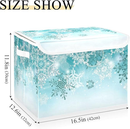 Senya Collapsible Storage Bins with Lids, Silver Winter Teal Turquoise Snowflakes Christmas Storage Boxes Clothes Baskets for Organizing