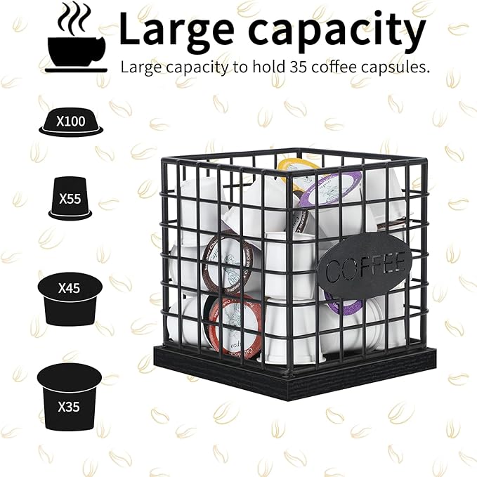 YINMIT K Cup Holder Organizer, Sturdy Coffee Pod Holder Organizer, 35 Kcup Large Capacity Storage Basket for Kitchen Counter and Office Desktop (Black-Square)