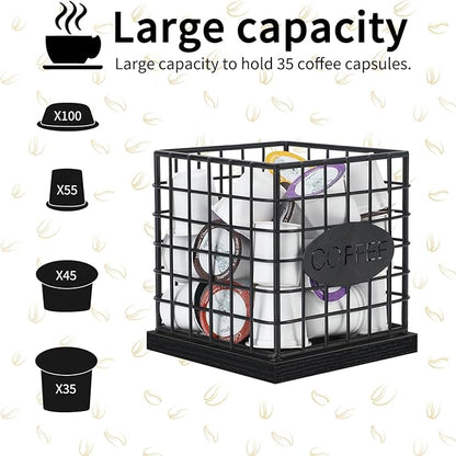 YINMIT K Cup Holder Organizer, Sturdy Coffee Pod Holder Organizer, 35 Kcup Large Capacity Storage Basket for Kitchen Counter and Office Desktop (Black-Square)