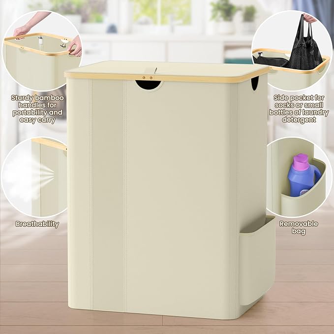 BlissTotes Laundry Basket with Lid, 150L Clothes Laundry Hamper with Handles and 2 Removable Laundry Bag, Breathable Design Hamper with Lid for Bedroom, Bathroom, Dorm, Laundry Room - Beige