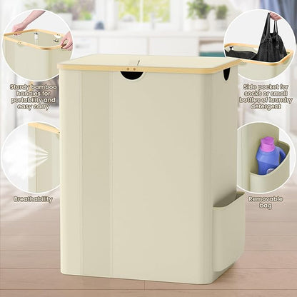 BlissTotes Laundry Basket with Lid, 150L Clothes Laundry Hamper with Handles and 2 Removable Laundry Bag, Breathable Design Hamper with Lid for Bedroom, Bathroom, Dorm, Laundry Room - Beige