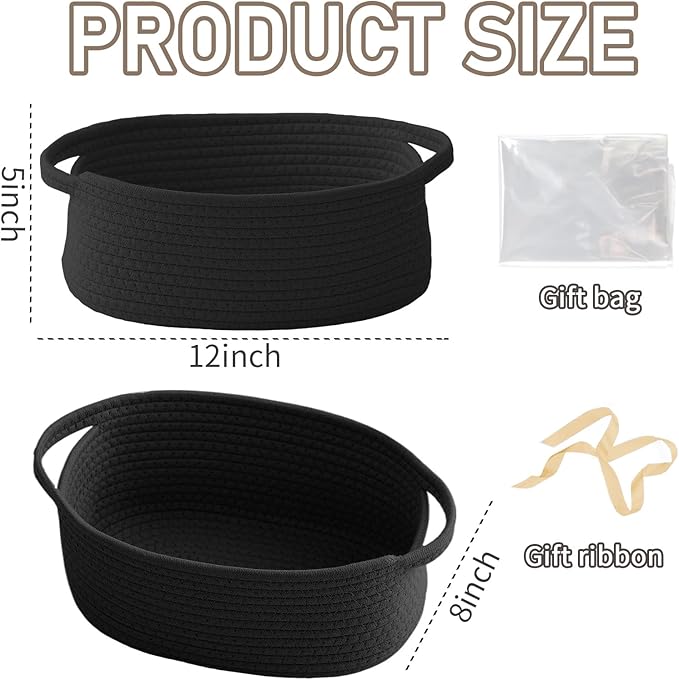 JMvicyroam Woven Basket,Small Rope Storage Bin with Handles & Ribbon Bag, Organizer for Shelves Closets,Gift Basket Empty for Birthday,Books,Dog Toys, Black/3 Pack