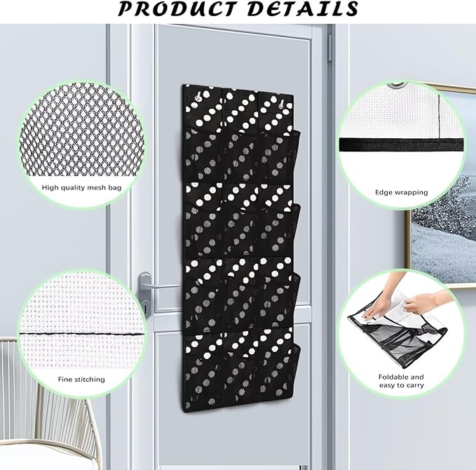 12-Pocket Waterproof Oxford Cloth Storage Hanging Bag Behind The Door, Foldable Large Capacity Organizer for Bathroom Closet Bedroom and Pantry Door, Dots Print Black