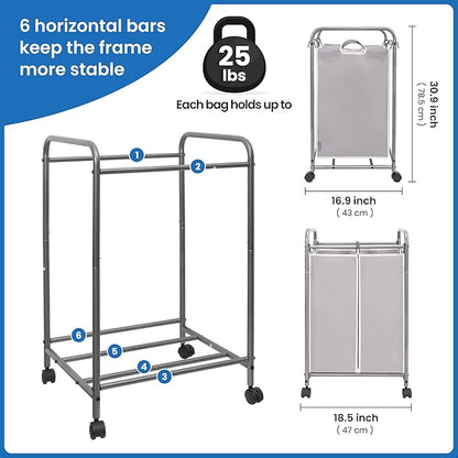 STORAGE MANIAC Laundry Sorter 2 Section, 90 L Gal Laundry Hamper with Wheels, Clothes Basket Separator Sorter, 2 Bag Clothes Cart with Wheels and Removable Bags for Closet, Dorm, Collage, Grey
