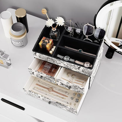 GORESE Leather Makeup Organizer with 3 Drawers for Vanity, Stackable Skincare Holder Dresser Organizer Countertop, Make Up Storage Organizers Counter Cosmetic Display Case Gift for Women(Retro Black)