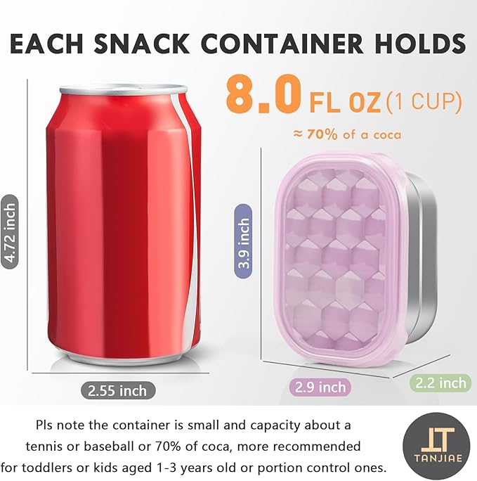 Tanjiae 8oz Small (1 CUP) Stainless Steel Snack Containers for Kids and Toddlers (Ages 1-3) | Easy Open Leak Proof Food Containers with Silicone Lids - Perfect Metal Lunch Box for Daycare and School