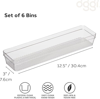 Oggi Clear Drawer Organizer - 3" X 12.5" (Set of 6) - Ideal for Organizing Kitchen Drawers, Office, Desk, Silverware, Kitchen Utensils, Cosmetics and Bathrooms