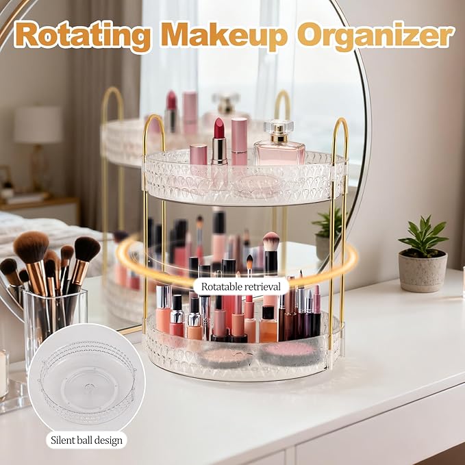 2 Tier Acrylic Lazy Susan Organizer, 360° Rotating Makeup orgaizer & Skincare Storage Tray, Clear Spinning Vanity Organizer for Bathroom Countertop, Cabinet, Dresser, Kitchen, Perfume Organizer