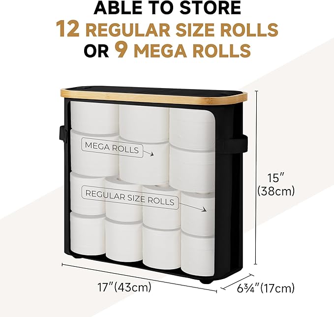 StorageWorks Toilet Paper Storage Baskets with Dual Flip Lids, Toilet Paper Organizer for Bathroom, Toilet Paper Container with Side Pocket, Holds 9 Mega or 12 Regular Rolls, Medium, Black