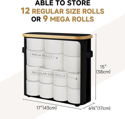 StorageWorks Toilet Paper Storage Baskets with Dual Flip Lids, Toilet Paper Organizer for Bathroom, Toilet Paper Container with Side Pocket, Holds 9 Mega or 12 Regular Rolls, Medium, Black