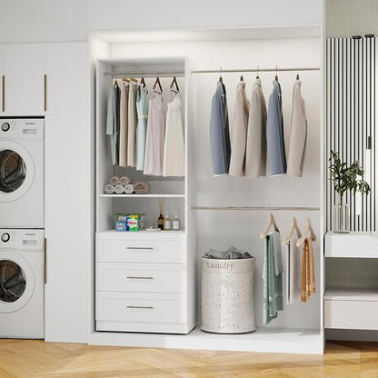 5–9FT Closet System with 3 Wood Drawers, Closet Organizer System with 5 Expandable Hanging Rods, Walk-in Closet System with Shelves, Wall Mounted Built-in Closet Organization System