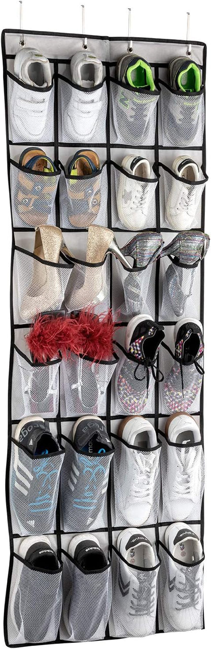 SAVERHO Hanging Shoe Organizer, Over The Door Shoe Organizer with 24 Mesh Large Pockets Door Shoe Rack for Men Women Kids Hanging Door Shoe Holder Size:58x21 Inch (White-2pack)