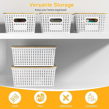 Plastic Storage Baskets with Bamboo Lids and Labels, Stackable Storage Containers, Storage Bins for Organizing Shelves Drawers Desktop Closets Office, 6 Packs-White