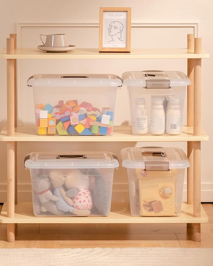 Citylife 4 Packs 6 QT Storage Bins with Lids Clear Plastic Bins with Grey Handle Stackable Storage Containers for Organizing