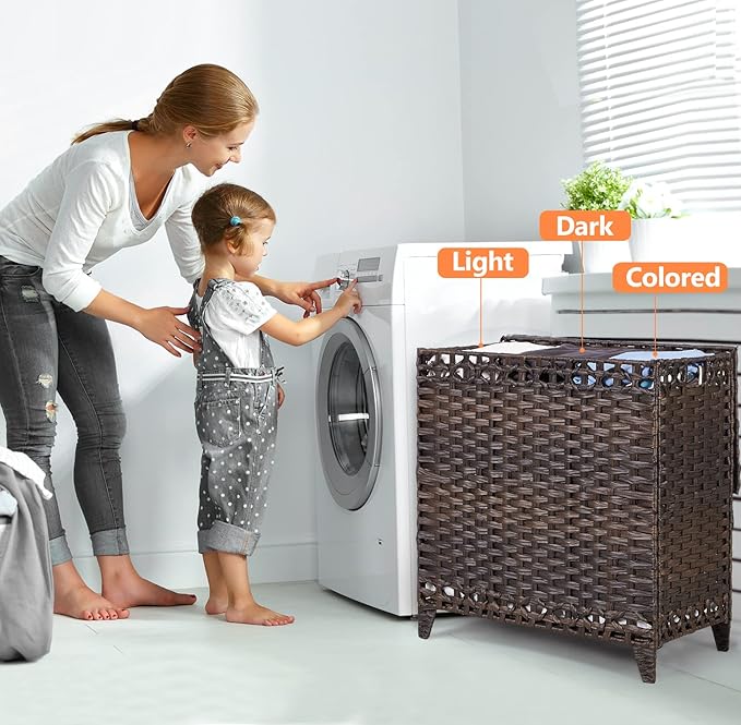 Laundry Hamper with 3 Removable Liner Bags; 132L Handwoven Rattan Laundry Basket with Lid & Heightened Feet; Clothes Hamper with Side Handles; Laundry Sorter with 3 Separate Sections