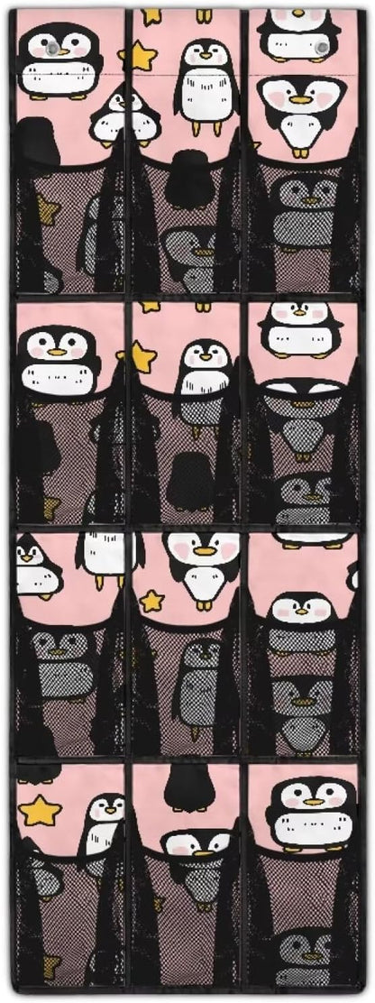 Penguin Space Saving Hanging Shoe Organizer,Entryway Bedroom Bathroom Storage Bags with 12 Mesh Large Pockets,Stylish Print