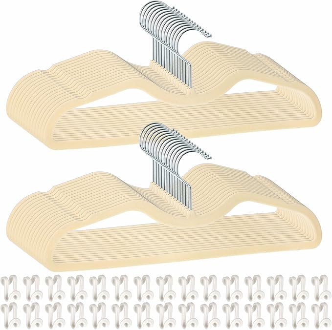 Velvet Pants Hangers Non Slip, 30 Pack Velvet Hangers for Closet with 30 Hooks, Slimline Pants Hanger, Strong Durable Space Saving Flocked Hangaers for Pants/Shirts/Bra/Shorts (Cream-M-Shape)