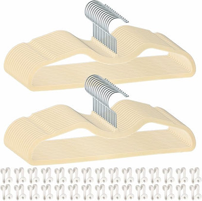 Velvet Pants Hangers Non Slip, 30 Pack Velvet Hangers for Closet with 30 Hooks, Slimline Pants Hanger, Strong Durable Space Saving Flocked Hangaers for Pants/Shirts/Bra/Shorts (Cream-M-Shape)