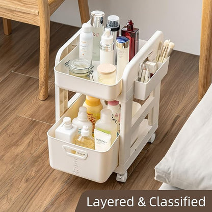 Rolling Makeup Organizer Cart with Removable Drawer, 2 Tier Stable White Floor Skincare Storage Cart for Vanity, Cosmetic Display, Nail Polish, Perfume, Hair Stuff, Beauty, Bathroom (2 Tier White)