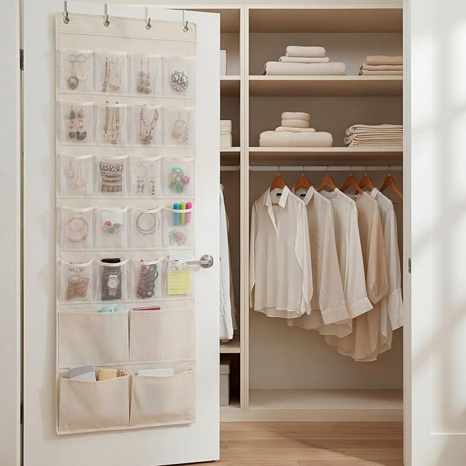 SATINIOR 19 x 51 Inch Canvas over The Door Closet Organizer with 20 Mesh Pockets 4 Large Pockets Multifunctional Closet Hanging Storage Organizer with Hooks for Pantry Laundry Bathroom Nursery