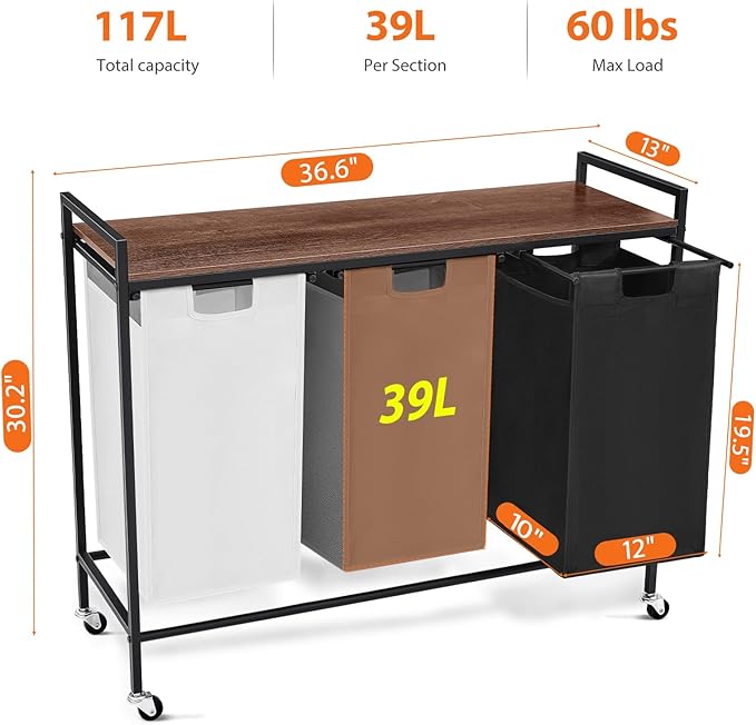 Laundry Sorter 3 Section, Rolling Laundry Hamper with Shelf, 3 Compartment Laundry Basket with Lid, Organizer Rustic Wooden Top (White+ Grey+ Black)