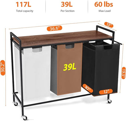 Laundry Sorter 3 Section, Rolling Laundry Hamper with Shelf, 3 Compartment Laundry Basket with Lid, Organizer Rustic Wooden Top (White+ Grey+ Black)