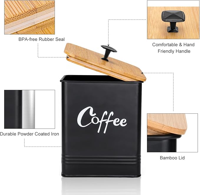 Airtight Coffee Canister-Coffee Container, Airtight 40 oz Large Iron Black Storage Container for Coffee Grounds, Beans, Pods & More,Coffee Bar Accessories & Gifts