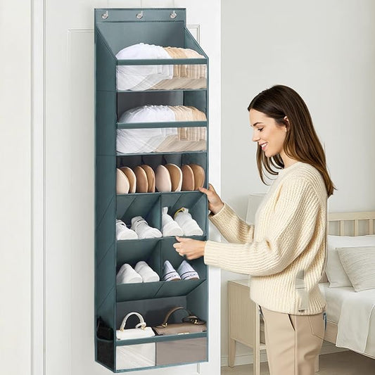 Over the Door Organizer with 6 Tiers & 11 Pockets – Multi-Purpose Hanging Door Organizer with Clear Pockets, Heavy Duty Space-Saving Closet Storage, Fits Shoes Hats Bags, Tool-Free Installation, Grey