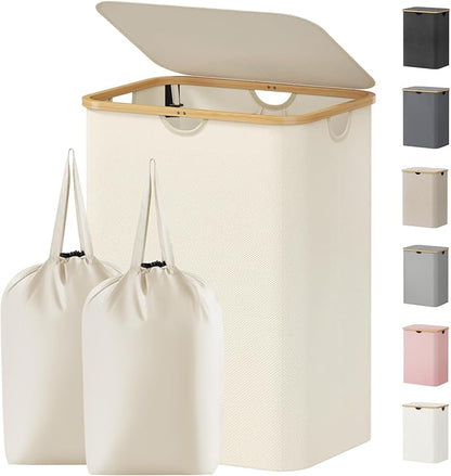 Lifewit 150L Laundry Basket with Lid, Clothes Hampers for Laundry with Bamboo Handles and 2 Removable Bag, Large Foldable Laundry Hamper for Bedroom, Bathroom, Dorm, Laundry Room, White