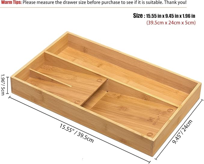 guiogc Bamboo silverware tray organizer, Utensil Holder and Cutlery Tray for Drawer, Kitchen Drawer Organizer Divider for Spoons Forks Knives