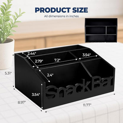 Snack Bar Organizer – Black 5 Compartment Station, Countertop Pantry Organizer for Kitchen, Office Food Holder, Candy Storage Bin, Display Stand, Cabinet Tray & Shelf