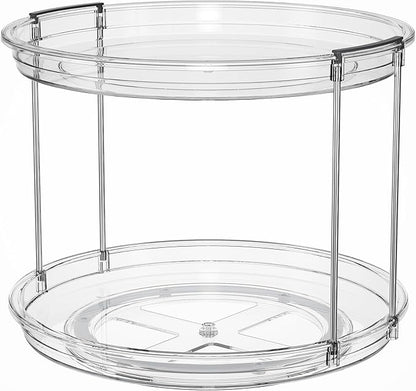 LAMU Rotating Makeup Organizer for Vanity, 10.6in 2 Tier Lazy Susan Turntable Stackable Spinning Skincare Organizer Cosmetic Perfume Tray Display for Bathroom Counterop, Large Capacity, Clear