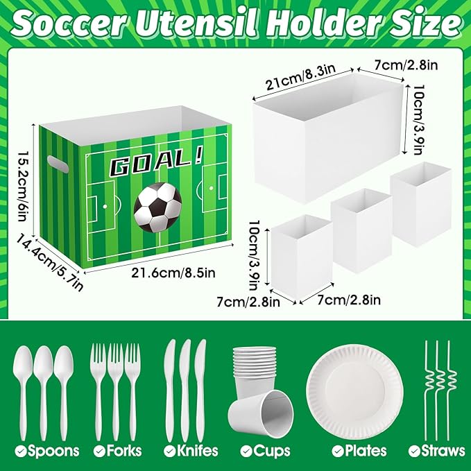 2PCS Soccer Utensil Holder Paper Utensil Caddy for Soccer Party Supplies Cutlery Holder with Handles Green Party Favors Snack Box Disposable Cutlery Caddy for Sports Themed Birthday Decorations