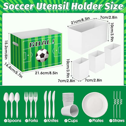 2PCS Soccer Utensil Holder Paper Utensil Caddy for Soccer Party Supplies Cutlery Holder with Handles Green Party Favors Snack Box Disposable Cutlery Caddy for Sports Themed Birthday Decorations