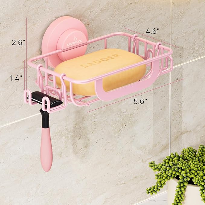 LEVERLOC Soap Holder Dish with Hooks for Shower, Bar Suction Cup Soap Tray Wall Mounted, Rustproof Stainless Steel Sponge Holder Caddy for Bathroom Bathtub Kitchen Sink, Pink