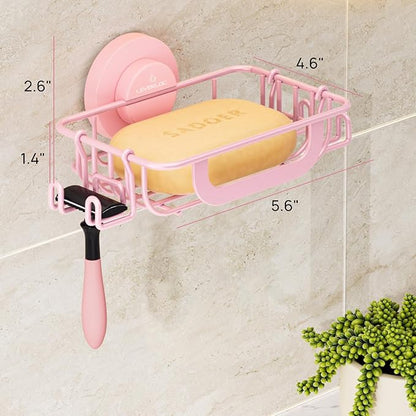 LEVERLOC Soap Holder Dish with Hooks for Shower, Bar Suction Cup Soap Tray Wall Mounted, Rustproof Stainless Steel Sponge Holder Caddy for Bathroom Bathtub Kitchen Sink, Pink
