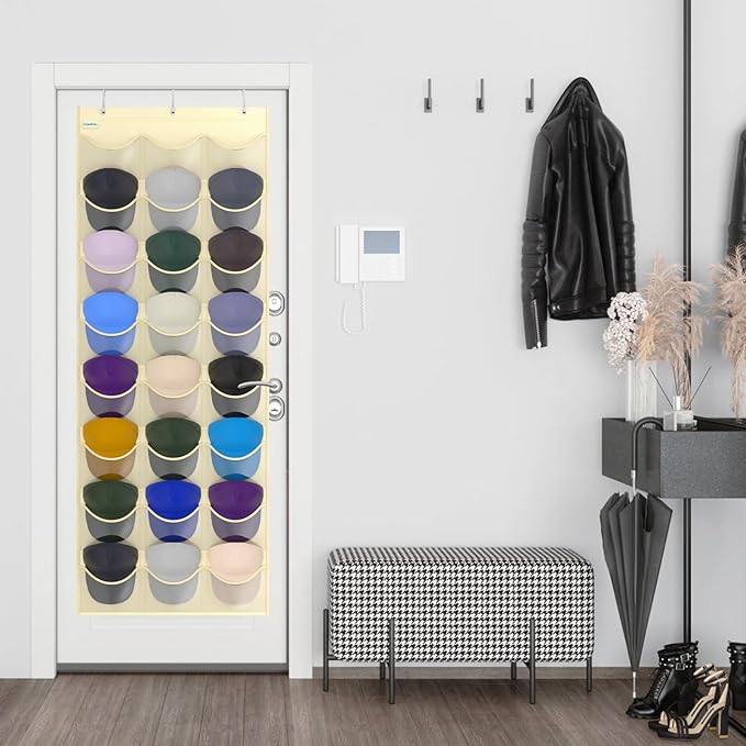 Baseball Hat Rack, 24 Pocket Over-The-Door Hat Organizer with Clear Deep Pockets to Display Baseball Caps Collection, Complete with 3 Over Door Hooks (Beige, 24 Pockets)