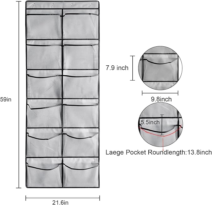 1 Pack 12 Breathable Mesh Pockets Large Hanging Shoe Organizer Over The Door Shoe Rack for Closet Door Storage Shoe Holder Hanger, 4Hooks, Grey (59'' x 21.6'')