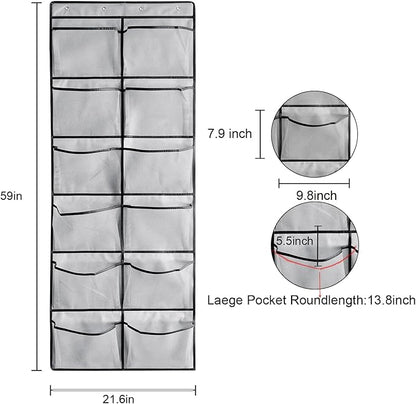 1 Pack 12 Breathable Mesh Pockets Large Hanging Shoe Organizer Over The Door Shoe Rack for Closet Door Storage Shoe Holder Hanger, 4Hooks, Grey (59'' x 21.6'')