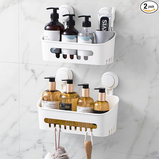 LEVERLOC Shower Caddy Suction Cup Shower Shelves Basket Pack of 2 One Second Installation Removable Powerful Suction Cup Bathroom Organizer Max Hold 22lbs Shower Storage Plastic