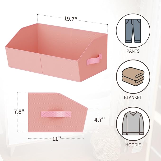 Homsorout Storage Bins for Shelves - Large Trapezoid Closet Shelf Organizer, Fabric Organization Bins with Handles, Storage Baskets for Clothes, Towel, Purse, 4 Pack, Pink