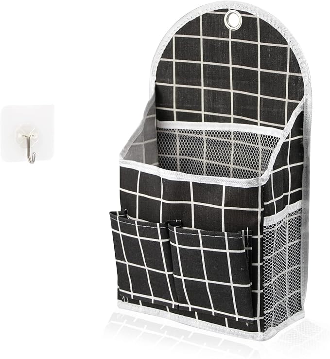 FuninCrea Wall Hanging Storage Bag, Black and White Checkered Linen Organizer Wall Mounted Punch-Free Over The Door Storage Pouch with 6 Storage Pockets and 1 Hanging Hook (Black)
