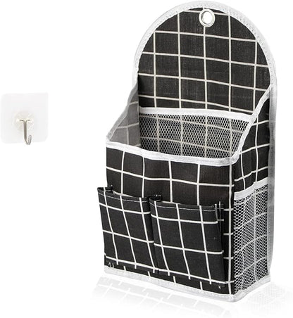 FuninCrea Wall Hanging Storage Bag, Black and White Checkered Linen Organizer Wall Mounted Punch-Free Over The Door Storage Pouch with 6 Storage Pockets and 1 Hanging Hook (Black)